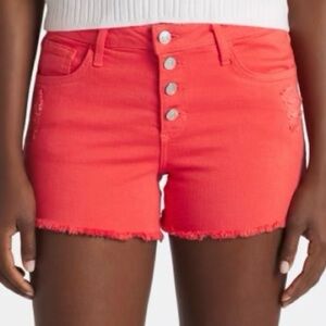 Just USA Myra Mid Rise Coral Red Frayed Hem Button Denim Jean Shorts Size 30